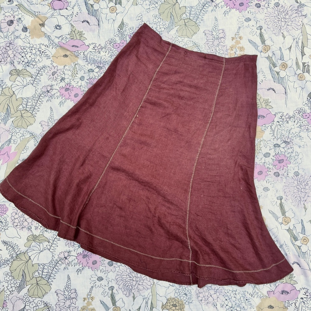 100% Irish Linen Midi A-Line Drop-Waist Skirt by Richard Malcolm Deep Brwn Sz10